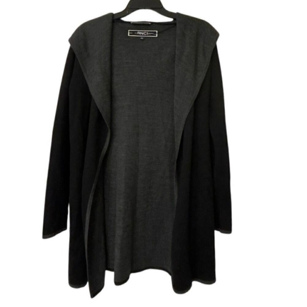 BNCI By Blanc Noir Black & Gray Hooded Longline Cardigan Sweater Wool Blend Sm